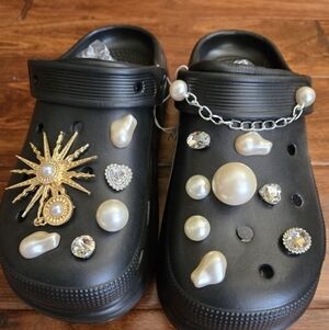 Black Clogs with Pearl, Rhinestones and Gold Accents FITS LIKE a 6.5 Or 7